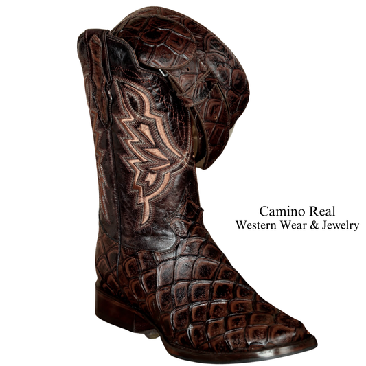 Men's Printed Pirarucu (Monster-Fish) Leather Rodeo Square Toe Boots